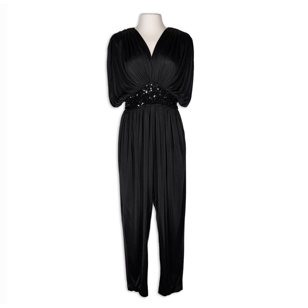 Vintage Lizzy & Johnny Black Sequin Jumpsuit Size 13/14 Draped Party Disco